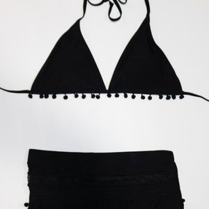Black High Waisted Bikini Puffy Ball & Mesh Large